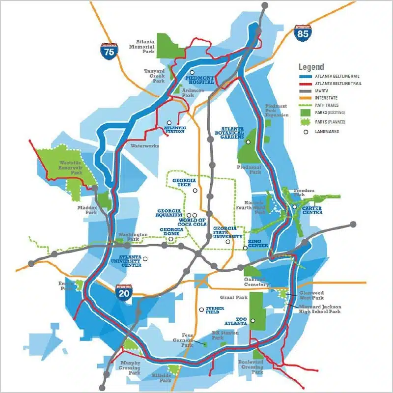 Map of the Atlanta Beltline urban trail, a 22-mile loop circling the central city and connecting 45 neighborhoods, parks, and landmarks, with the trail and rail routes, MARTA lines, and interstates marked.