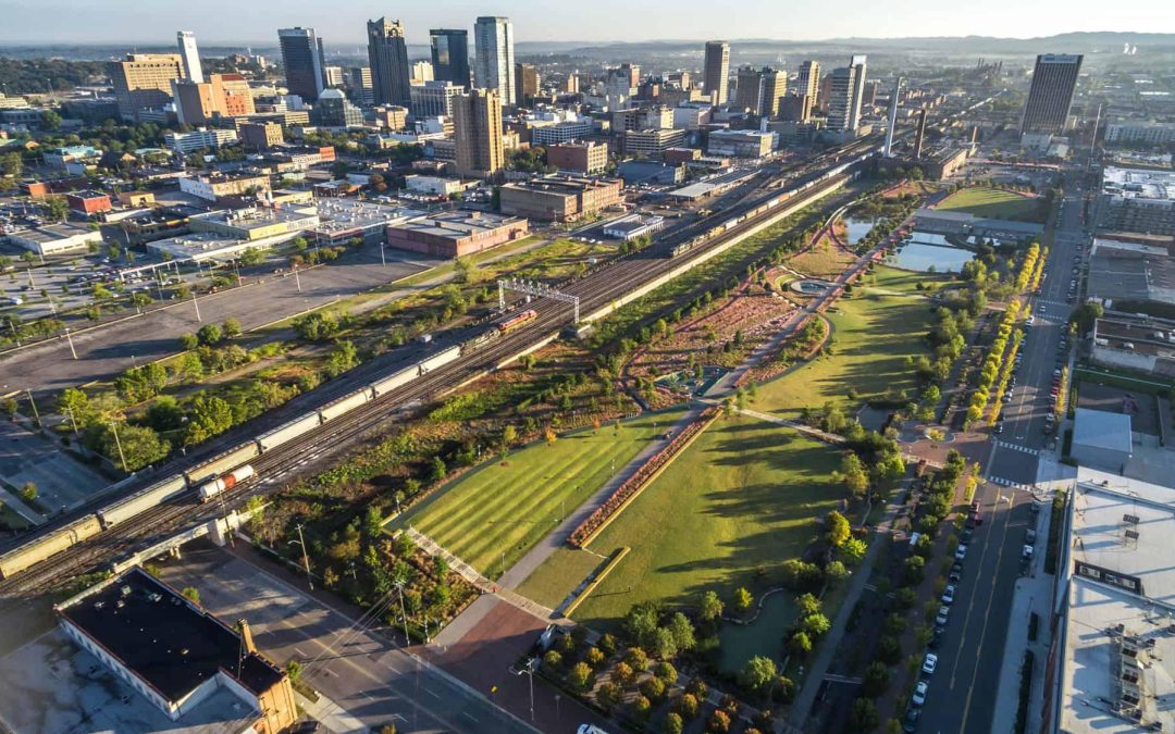 Why were Birminghamians excited about gaining a new downtown park along the city’s main line railroad tracks?